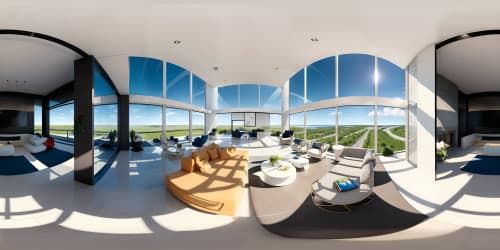 VR360 of expansive modern lobby, towering glass walls, grand mountain view. Minimalist furniture, polished surfaces. Style: Photorealistic, ultra-high resolution, modern aesthetic.