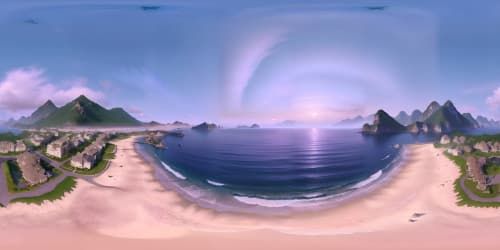 VR360, Ultra-high resolution, Chinese-style seascape masterpiece, serene seashore panorama, aged fishing village, tranquil seas contrasted by dramatic mountain backdrop, vermilion sunset reflecting shimmering waves, misty islands dotting the horizon, intricate silhouette of bamboo groves swaying to the sea breeze, VR360.