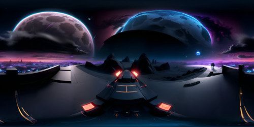 VR360 ultra-high-resolution masterpiece, dazzling night sky, stars innumerable. Moon’s radiance dominating, fantasy art style hints, pervasive iridescence across cosmos. VR360 panorama, celestial dance, testimony to cosmic magnificence.