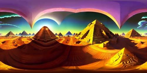 Pixar-style VR360 masterpiece, ultra-high res Egyptian Pyramids, intricate hieroglyphs, monumental Sphinx foreground, light-shadow interplay effect. Brilliant golden sunset VR360 backdrop, perfectly crafted light balance. Superior quality, elegantly detailed.