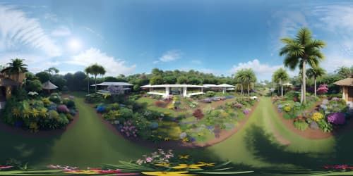 Ultra-HD, floral masterpiece tropical, elevated view, skyview of a VR360 botanical garden, vibrant, rainbow-hued array of blossoms. Minimalist foreground, emphasis on grand, sprawling flora vista. Style: Realism with a whimsical touch, color intensity heightened for VR360 allure.