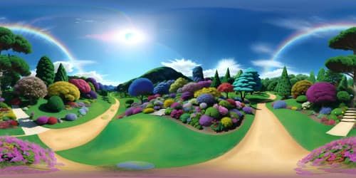 Ultra-HD VR360 skyview, Japanese botanical garden, floral masterpiece. Rainbow blooms, intensified colors, Realism with whimsical touch. Minimalist foreground, expansive VR360 flora vista. Best quality, masterpiece, ultra high-res.