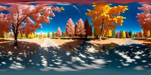 VR360 masterpiece quality, towering trees, ultra-high resolution, leaves shimmering against radiant sky, intensely detailed bark texture.