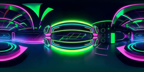 VR360 Matrix panorama, cascading binary code in vibrant green, ultra-high resolution. Pulsating neon grids across Tron-inspired digital landscape, light-infused cityscape silhouettes against obsidian void. VR360 spectacle of digital rain, streaming code patterns, Cyberpunk style, dystopian elegance.