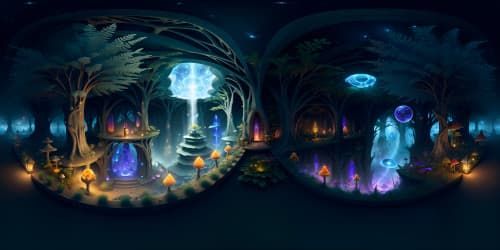 bioluminescence, hyperrealism, crystals, crystalization, cave, mushrooms, big crystals, green, red