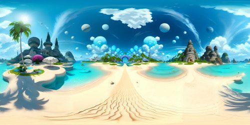 VR360 paradise, ultra-high resolution, palm trees framing view, turquoise sea against fine white sand, lush waterfall in distance, bright tropical flowers. VR360 masterpiece rendering, vibrant Pixar-style colors, detailed textures, distinct contrasts.