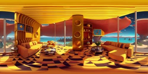Golden-hued couch, intricate Latina patterns, VR360 view. Lush velvet textures, glimmering gold thread embroidery, bold, complex geometric designs. Grotesque swirled legs, fine, polished wood, delicately carved. Surreal art style, exaggerated proportions, lush, vibrant hues. VR360 scene, a tapestry of color, texture, pattern, surreal distortion, ultra-high resolution.