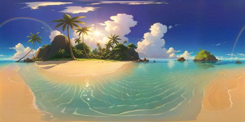 Tropical beach scene, stunning VR360 view, golden sands of unmatched quality, azure water clarity, lively palm trees moving subtly. Sunlight casting diamond patterns, serene water surfaces, masterstroke in ultra-high resolution. Every sand grain, water ripple detailed exquisitely. VR360 masterpiece.