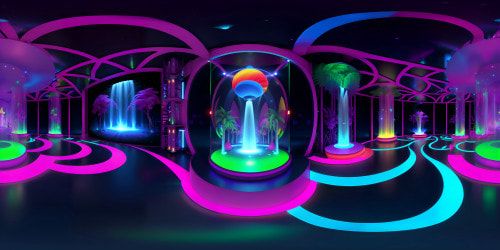VR360 masterpiece landscape, diamond-clear resolution. Surreal art style, cascading waterfalls, floating islands, crystal domes. Streaks of neon hues across a twilight sky. Reflective surfaces, ultra high-res textures, minute detailing. VR360 view, vibrant colors, evocative imagery.