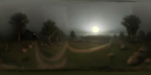 Ultra high-resolution VR360, masterpiece of Silent Hill inspired ambiance, misty landscapes, thick fog, decaying structures, dark night sky, nightmare landscape. Style: photo-realistic with a touch of horror, eerie glow from the moon. 