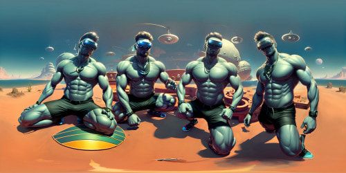 Masterpiece gym ambiance, colossal equipment, vast muscle-inspired structures. Ultra-high res VR360, gleaming metal surfaces, polished wooden floors. Pixaresque style, oversized dumbbells, barbells, vibrant color palette. VR360 fitness panorama, exaggerated proportions, detailed textures.