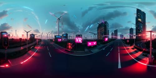 Ultra high-res future city, VR360 skyline, neon skyscrapers, clean energy windmills. Floating holographic billboards, anti-gravity vehicles, glowing highways. Masterpiece style, precision details, polished surfaces. Advanced AI aesthetics for a VR360 view.