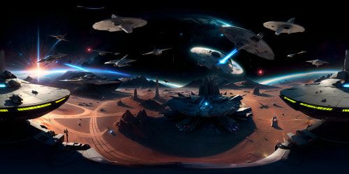 Star Wars-themed VR360 view, ultra high-res, Star Destroyer centerpiece, laser-fire streaks amidst galactic combat. Jaw-dropping visuals, digital painting style, VR360 expanse of infinite cosmos, asteroid debris, nebula clouds. Masterpiece quality, striking contrast, gleaming spaceship hulls.