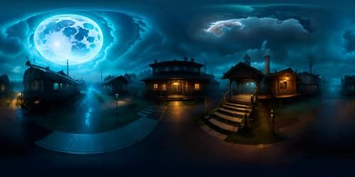 Ultra high-resolution VR360, masterpiece of Silent Hill inspired ambiance, misty landscapes, decaying structures, ominous sky overrun by dark clouds. Style: photo-realistic with a touch of horror, eerie glow from the moon. 