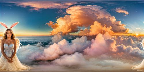 An immaculate, ultra-high-resolution VR360 depiction unveils a celestial bunny angel, adorned with a pearlescent halo and wispy ethereal wings, amidst pastel-hued clouds, radiating a dreamy and fantastical ambiance.