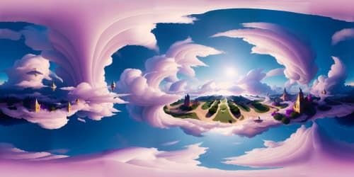 VR360 masterpiece, ultra-high resolution, Nüe-inspired scene. Ethereal cloud patterns, volumetric, dynamic shapes. Vibrant hues, abstract form play in expansive VR360 view. Gossamer-like, shimmering, effervescent tones. Nüe's unconventional, otherworldly art style.