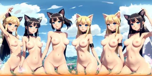 Higher-quality, masterful VR360 scene. Quintet of unique princesses, mature and elegant, clad in white fur, accents of pink. Application of lustrous red lip gloss. Diverse attributes: clear blue eyes, golden hair. Untraditional poses: squatting, arms uplifted. Minute details highlighted: armpits, feline ears. Ultra-definition VR360 experience. Style: Photorealistic, refined.