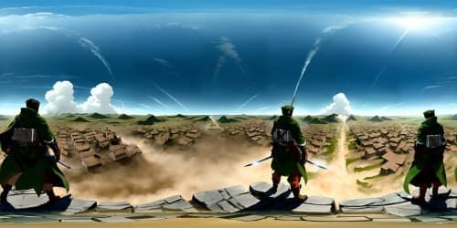 Attack on Titan Soldiers wearing dark green cloak that have a flying wings badge on the back. holding swords on 2 hands