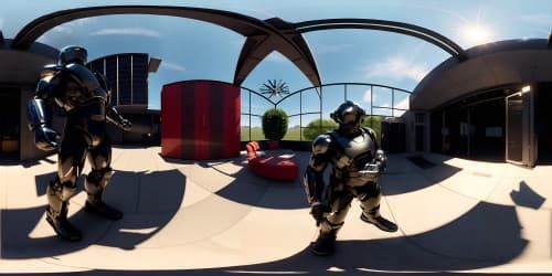 Realistic 3D photography of a giant muscle soldier in his home