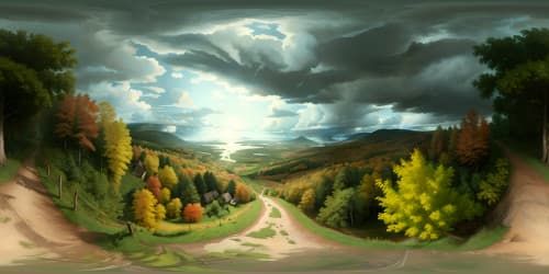 Masterpiece quality VR360, ultra high-res, elevated forest lookout platform. Tree canopy panorama under stormy, dark clouded sky. Rain-swept forest hillside, creating immersive VR360 forest view.