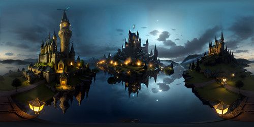VR360: Hogwarts Castle centerpiece, towering spires, intricate stonework. Enveloped in ethereal moonlight, star-studded night sky backdrop. Reflection in Black Lake, fantasy-art style rendering, ultra-high-res details. Perfect for a VR360, masterpiece-quality depiction.