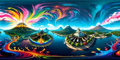 Ultra high-resolution VR360 view, volcano Island, grandeur, fiery eruptions painted with finesse, omnipresent molten lava, smoky ash clouds. VR360 panorama, digitally painted masterpiece, vivid colors, striking contrasts.