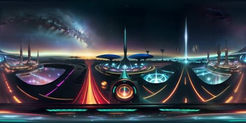 High-res detail, VR360 panorama of Enterprise Bridge, intricate control panels, luminous screens, gleaming metallic surfaces. VR360 view of vast starfield, wispy nebulae, distant galaxies. Ultra-high quality, Pixar-style rendition, polished, vibrant colors, masterful lighting.