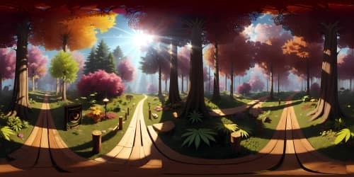 Ultra high-res VR360 immersion, Hyperrealism, masterpiece quality. Extensive forest scene, rich textural elements. Intense marijuana leaf pattern, inlaid with subtle smile designs. Identifiable, lively wood grain patterns, whimsical, visual narratives.