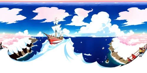 VR360 One Piece Universe, high-sea adventure aesthetic, ultra-high resolution. Vivid color palette, pirate ship in foreground, minimizing obstruction. Open sea expanse, fluffy cloud formations. Fantasy anime-inspired art style. Masterpiece quality, utmost finesse.