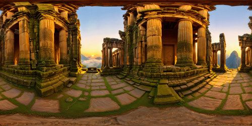 Immaculately detailed ancient temple ruins bathed in the golden light of dawn, rich moss-covered stone structures, intricate carvings and columns, distant misty mountains shrouded in ethereal beauty, ultra high-definition resolution capturing every minuscule detail, an artistic masterpiece to behold.