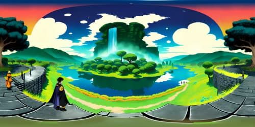 Masterpiece-quality, ultra-high resolution, Uzumaki Naruto confronting Uchiha Sasuke, The Valley of the End battleground, cascading waterfall, colossal stone statues, vivid colors, intense energy dynamics. VR360 anime-style showdown.