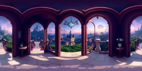 VR360 fantasy kingdom, grand castles, detailed stained-glass windows, majestic heart-shape moon, ethereal twilight sky. Kingdom Hearts-inspired, ultra high-definition, digital painting aesthetic.