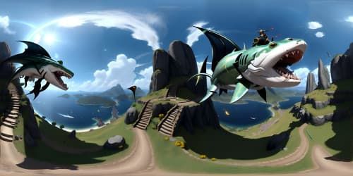 cat riding a fliyng frog while fighting a dragon shark