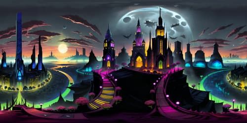 Superb VR360 view, Gotham cityscape nightscape, moonlit sharp spires, omnipresent dark clouds. Batman's elusive silhouette, gothic architecture pinnacle, high-end digital painting, ultra-high res. Enthralling, VR360 grandeur, masterpiece standard.