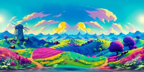 Superb VR360 canvas, ultra high-resolution: hill-anchored cows, mellow grazing, subtle windmill silhouette. Rich green gradient hill, cloud-studded azure sky panorama.  Pixar-style artistry, soft details, light diffusion. Spectacular VR360 pastoral vista.
