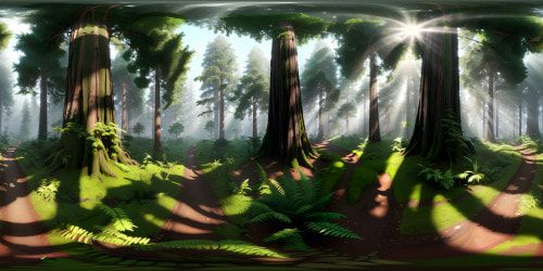 VR360, towering redwoods, dense forest canopy, sunlight shards. Majestic, ancient barks, moss-draped branches, lush ferns. Oil painting-style, intricate detailing, lifelike textures, ultra high-res masterpiece for VR360.