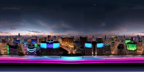 Ultra-high resolution VR360, masterpiece-quality. Top of a Vegas skyscraper, scintillating city lights below. Neon signs in distance, vibrant colors, exquisite night sky overhead, twinkling stars. VR360 view steeped in surreal art style.