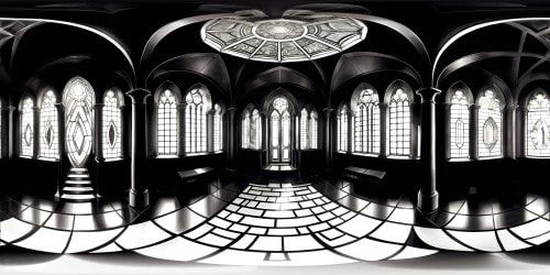 Masterpiece quality VR360 scene, ultra high res details. Focus on grand cathedral's exquisite stained glass, ethereal light streaming through. Contrasting, dark, intricately carved stone archways. Surreal art style, emphasis on color and texture contrast. VR360 view of vast, vaulted ceilings, intricate mosaic floor.