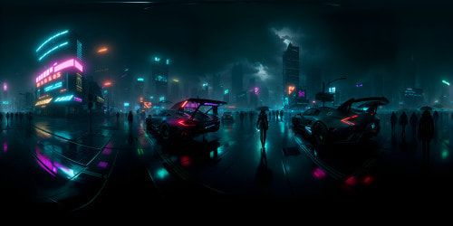 Ultra-high res VR360 scene, Blade Runner-inspired cityscape. Dystopian neon lights, rain-soaked skyscrapers, towering holographic billboards. Futuristic dystopia, cyberpunk style. Mysterious, mist-filled VR360 perspective. Flying vehicles, reflective surfaces, endless digital expanse.