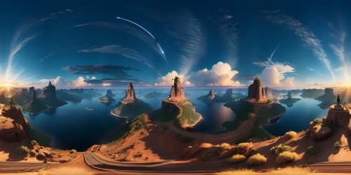 VR360 view, Sword Art Online-inspired style, ultra high-resolution, layered clouds, crystalline formations, floating islands, glinting prism effects, stylized cityscape in distance, sunset glow illumination, masterpiece quality.