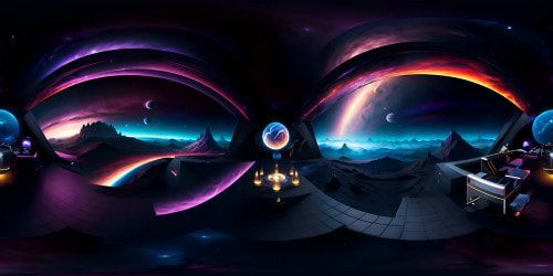 Masterpiece quality, ultra high resolution, black hole dominance in VR360 mode. Ebony vortex of space, swirling gravitational abyss. Stars adrift, cosmic dust spiraling, boundary of event horizon. VR360 immersion, interstellar spectacle. Style cues: Surreal art, cosmic digital painting.