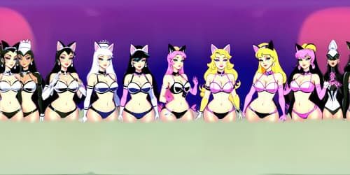 Higher-quality, masterful VR360 scene. Quintet of unique princesses, mature and elegant, clad in white fur, accents of pink. Application of lustrous red lip gloss. Diverse attributes: clear blue eyes, golden hair. Untraditional poses: squatting, arms uplifted. Minute details highlighted: armpits, feline ears. Ultra-definition VR360 experience. Style: Photorealistic, refined.