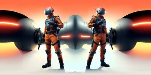 men wearig all red jumpsuit. holding machine gun. face all covered. standing up