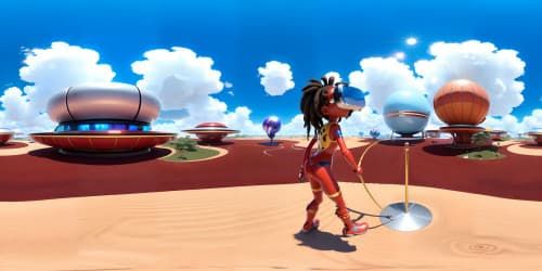 five african american women wearing dark red leotards with thigh high boots. one woman has dreadlocks. there are four women.one woman is carrying a large glowing mace.