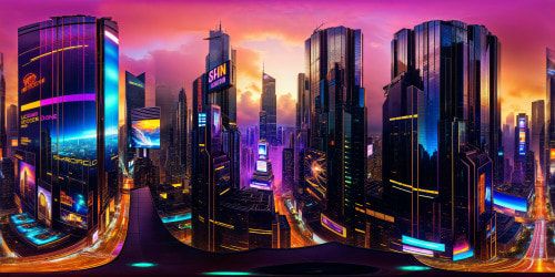 Vibrant neon-lit cyberpunk cityscape with towering skyscrapers, bustling futuristic streets, holographic billboards, reflective rain-slicked surfaces, and swarms of hovering drones, all impeccably detailed in ultra high resolution.