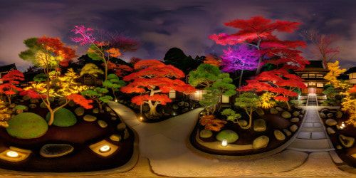 Expansively panoramic Edo period Japenese Zen garden at night, in Autumn. With cozy warm toned and glowy. Emaculately detailed landscaping. Deep warm toned color palette, with deep reds, magentas, browns, and deep orange-yellow tones. Warm feverish aesthetic.
