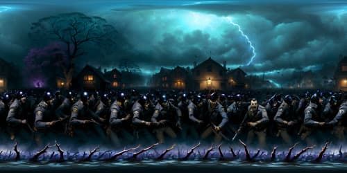 many zombies as in the Walking Deads in skulls and bones crowded on the street and screaming for eating.faced are dark gray or purple, like the dead ones. storming at you. facing the front.
