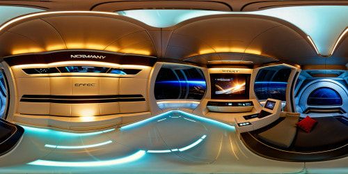 Exploring the flawlessly detailed interior of the Normandy from Mass Effect, showcasing futuristic technology, sleek metal surfaces, holographic displays, vibrant lighting, and impeccable craftsmanship in ultra high resolution magnificence.