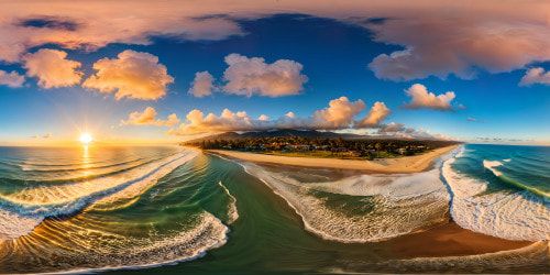 Sun-kissed Californian shoreline at golden hour, swaying palm trees lining flawless beaches, vibrant ocean waves crashing under a cotton candy sky, highly detailed, ultra high resolution masterpiece capturing the essence of west coast perfection.