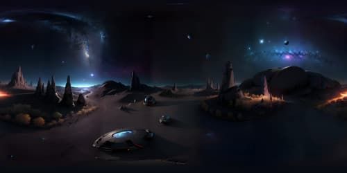 VR360 scene: Starry cosmos panorama, 8K resolution, nebula clusters. Celestial bodies, radiant galaxies, pulsating quasars. Foreground: shimmering asteroid belt. Style: hyper-realism, sharp textures, vibrant color contrasts. Ultimate VR360 masterpiece, ultra-high-definition.